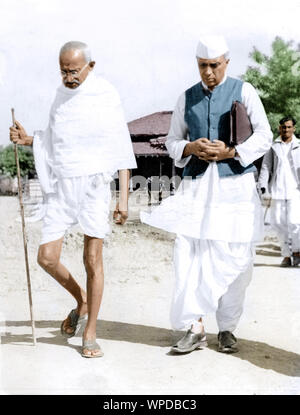 Mahatma Gandhi with Jawaharlal Nehru, three-quarter length portraits ...