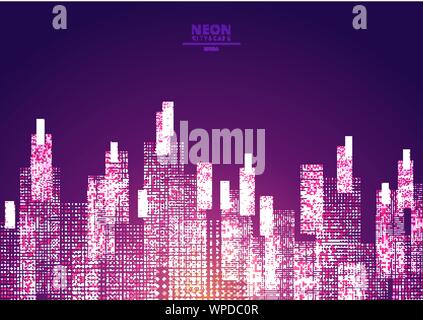 Cityscape on a dark background with bright and glowing neon purple and yellow lights. Futuristic night city. Cyberspace and retro style. Vector illust Stock Vector