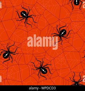 Halloween Vector Seamless Pattern With Black Widow Spiders and Spider Web on Orange Background. Elegant Spooky Holiday Texture Perfect for Gift WRappi Stock Vector
