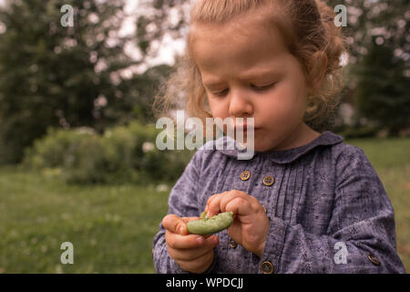 Little, cute girl, focusing on peeling green pea, from organic bio countryside farm garden, with fresh healthy food Stock Photo