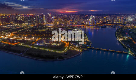 Aerial Panoramic view of Singapore Skyline at sunset Stock Photo