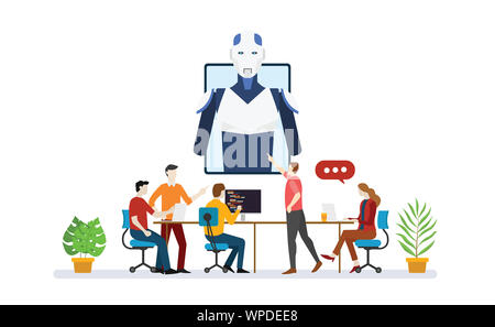 ai artificial intelligence robot team developer programmer with script technology discussion with modern flat style - vector illustration Stock Photo