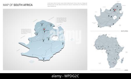 Vector set of South Africa country.  Isometric 3d map, South Africa map, Africa map - with region, state names and city names. Stock Vector