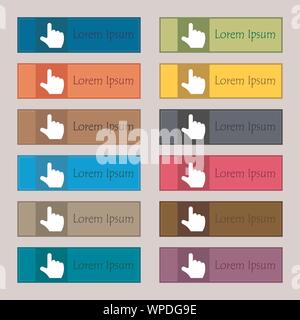 pointing hand icon sign. Set of twelve rectangular, colorful, beautiful, high-quality buttons for the site. Vector Stock Vector