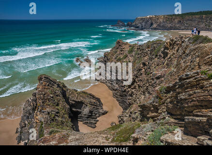 Rock formations at Praia do Amado, Atlantic Ocean beach near village of Carrapateira, Costa Vicentina, Faro district, Algarve, Portugal Stock Photo