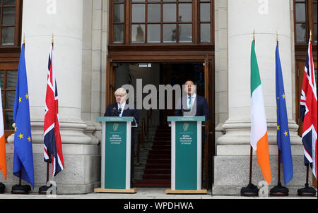 Dublin, Ireland. 9th Sep, 2019. Boris Johnson In Dublin For Brexit Talks. Taoiseach and Fine Gael leader Leo Varadkar(R) with British Prime Minister Boris Johnson at Government Buildings in Dublin. They are both going to talk about the Northern Ireland Border problem and the Bexit Crisis. Photo: Leah Farrell/RollingNews.ie Credit: RollingNews.ie/Alamy Live News Stock Photo