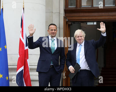 Dublin, Ireland. 9th Sep, 2019. Boris Johnson In Dublin For Brexit Talks. L TO R. Taoiseach and Fine Gael leader Leo Varadkar with British Prime Minister Boris Johnson at Government Buildings in Dublin. They are both going to talk about the Northern Ireland Border problem and the Bexit Crisis. Photo: Leah Farrell/RollingNews.ie Credit: RollingNews.ie/Alamy Live News Stock Photo
