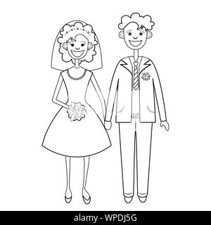 Bride and groom linear black and white drawing, silhouette, coloring, outline cartoon character, vector illustration. Newlyweds, woman in wedding dres Stock Vector