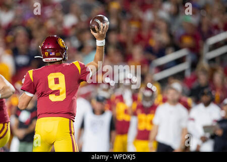 Los Angeles, CA. 7th Sep, 2019. USC quarterback (9) Kedon Slovis completes a pass during the game between the Stanford Cardinal vs USC Trojans. USC defeated Stanford 45-20 on Saturday, September 7, 2019 at the United Airlines Field at the Los Angeles Memorial Coliseum, in Los Angeles, California. (Mandatory Credit: Juan Lainez/MarinMedia.org/Cal Sport Media) (Complete photographer, and credit required) Credit: csm/Alamy Live News Stock Photo