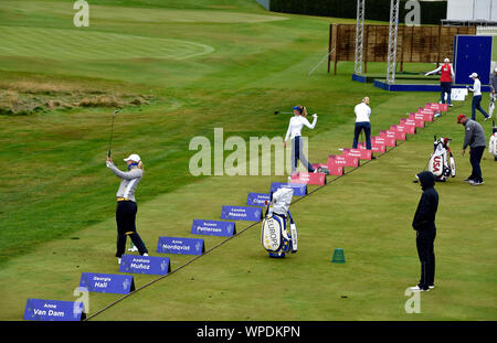 (From left to right) Team Europe's Anna Nordqvist, Team USA's Nelly Korda and Team USA's Lexi Thompson on the driving range during preview day one of the 2019 Solheim Cup at Gleneagles Golf Club, Auchterarder. Stock Photo