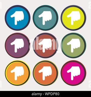 pointing hand icon sign. Nine multi-colored round buttons. Vector Stock Vector