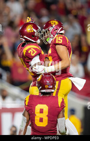 Los Angeles, CA. 7th Sep, 2019. USC wide receiver (21) Tyler Vaughns celebrates with teammate (15) Drake London after scoring a touchdown. USC defeated Stanford 45-20 on Saturday, September 7, 2019 at the United Airlines Field at the Los Angeles Memorial Coliseum, in Los Angeles, California. (Mandatory Credit: Juan Lainez/MarinMedia.org/Cal Sport Media) (Complete photographer, and credit required) Credit: csm/Alamy Live News Stock Photo