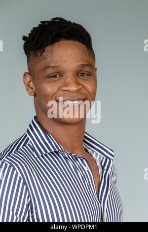 Hamburg, Germany. 14th Aug, 2019. The South African singer Hope Maine stands in his dressing room. As the first cast he plays the Simba in the Hamburg production of the musical 'König der Löwen'. Credit: Markus Scholz/dpa/Alamy Live News Stock Photo