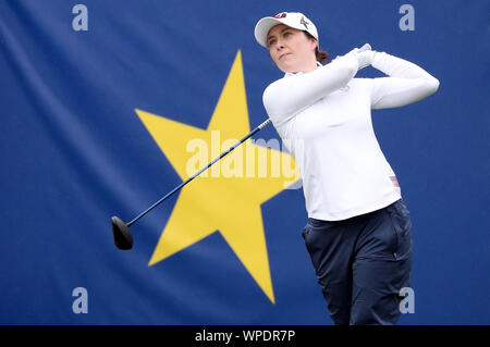 Team USA's Brittany Altomare tees off the 1st during preview day one of the 2019 Solheim Cup at Gleneagles Golf Club, Auchterarder. Stock Photo