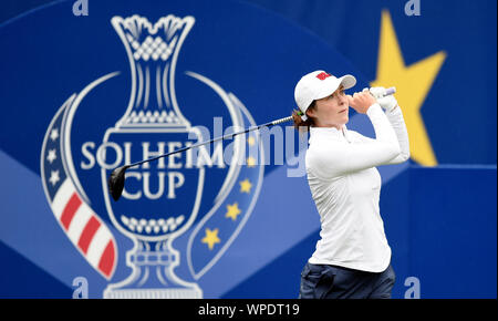 Team USA's Brittany Altomare tees off the 1st during preview day one of the 2019 Solheim Cup at Gleneagles Golf Club, Auchterarder. Stock Photo