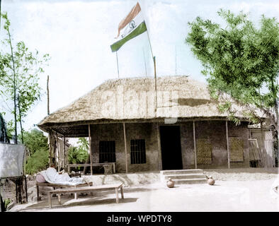 Mahatma Gandhi sitting in front of his hut, Assam, India, Asia, December 1946 Stock Photo
