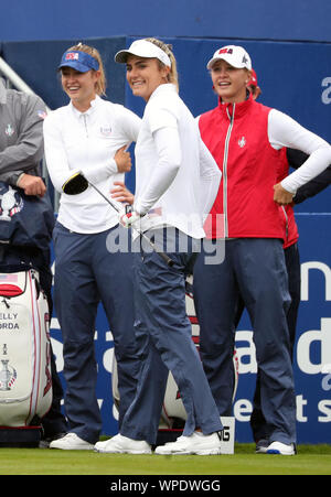 (From left to right) Team USA's Nelly Korda, Lexi Thompson and Jessica Korda on the 1st tee during preview day one of the 2019 Solheim Cup at Gleneagles Golf Club, Auchterarder. Stock Photo