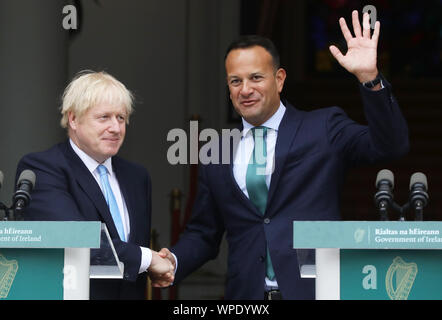 Dublin, Ireland. 9th Sep, 2019. Boris Johnson In Dublin For Brexit Talks. L TO R. Taoiseach and Fine Gael leader Leo Varadkar shakes hands with British Prime Minister Boris Johnson at Government Buildings in Dublin. They are both going to talk about the Northern Ireland Border problem and the Bexit Crisis. Photo: Leah Farrell/RollingNews.ie Credit: RollingNews.ie/Alamy Live News Stock Photo