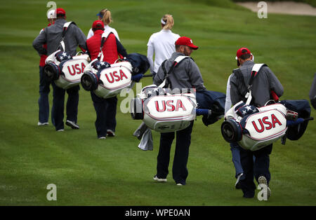 Team USA players and caddies on the 1st fairway during preview day one of the 2019 Solheim Cup at Gleneagles Golf Club, Auchterarder. Stock Photo