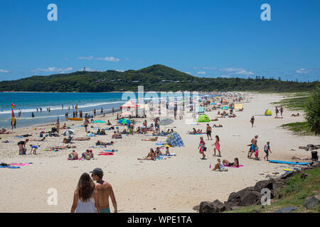 Byron Bay in summer, crowds on main beach Byron Bay,New South Wales,Australia Stock Photo