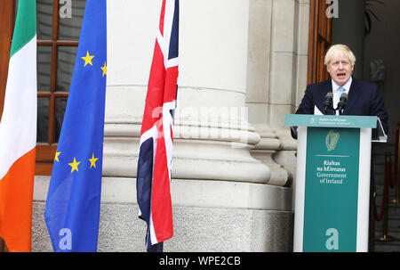 Dublin, Ireland. 9th Sep, 2019. Boris Johnson In Dublin For Brexit Talks. Pictured is British Prime Minister Boris Johnson at Government Buildings in Dublin. As he speaks about the Northern Ireland Border problem and the Bexit Crisis. Photo: Leah Farrell/RollingNews.ie Credit: RollingNews.ie/Alamy Live News Stock Photo