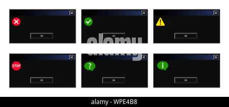 Set of a retro system dialog box and error message popup windows in dark mode theme Stock Vector