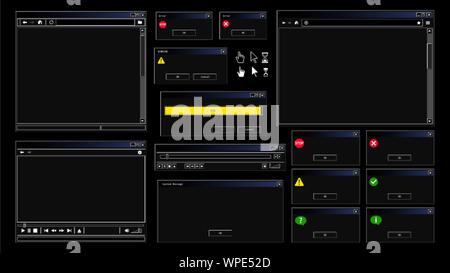 Old user interface in modern dark mode. Black theme of internet browser window, error message and video player Stock Vector