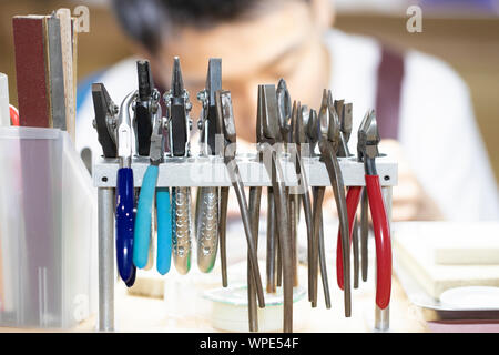 Goldsmith tools on the goldsmith workplace, desktop Stock Photo