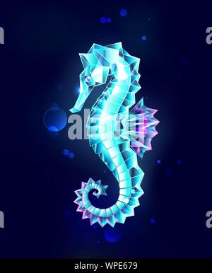 Sparkling, crystal, icy, polygonal, seahorse on dark blue background. Stock Vector