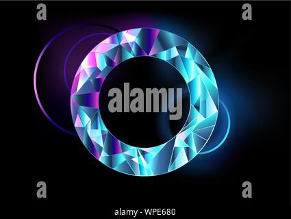 Round, faceted, abstract, transparent banner with blue and pink neon lights on black background. Stock Vector
