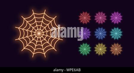 Neon Spider web, Festive Halloween decoration. Colorful Set of Neon Cobweb in outline style. Glowing silhouette, sign and symbol for Holiday design. V Stock Vector