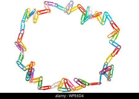 Wild circle of colored paper clips on white background Stock Photo