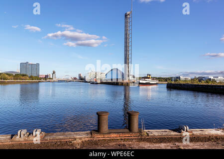 View east along the River Clyde from the Graving docks, Govan towards the Science Centre museum with observation Tower, TSS Queen Mary and Waverley Stock Photo