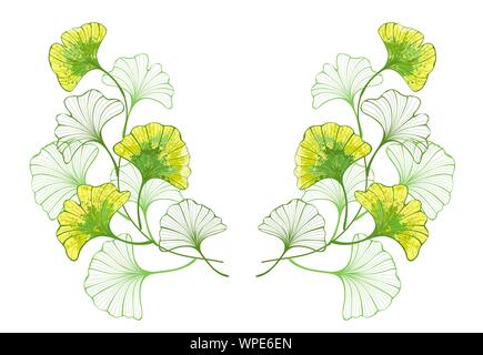 Symmetrical pattern of twigs and artistic, autumn, colorful, ginkgo biloba leaves painted with yellow and green paint on white background. Stock Vector