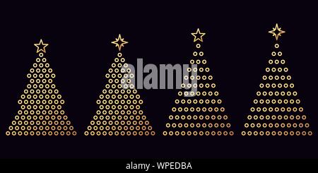Golden Christmas Tree with Star, Festive icon decoration. Golden Set of Xmas Tree in outline style, texture with circles. Shiny silhouette, sign, symb Stock Vector