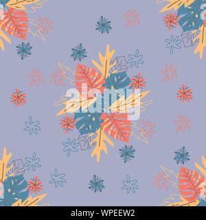 Abstract drawing in scandinavian style. Modern illustration with tropical leaves, grunge, marbling textures, doodles, minimal elements. Creative seaml Stock Vector