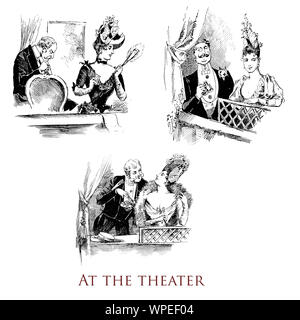 Humor and caricatures: elegant couples at the theater box, from a 19th century French magazine Stock Photo