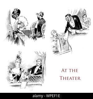 Humor and caricatures: elegant couples at the theater box (some complainig with the drummer on stage), from a 19th century French magazine Stock Photo