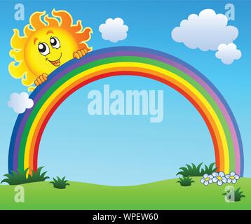 Sun holding rainbow on blue sky Stock Vector