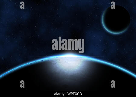 Giant blue planet against starry cosmos sky, fantasy image based on amateur moon astrophotography Stock Photo
