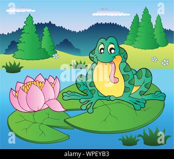 Cute frog sitting on water lily Stock Vector