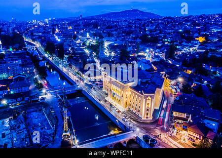 Sarajevo skyline at night with city lights Stock Photo
