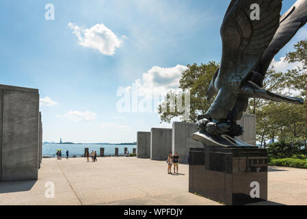 View of the East Coast Memorial - 8 huge granite slabs inscribed with all the names of navy personnel killed in WWII, Battery Park, New York City, USA Stock Photo