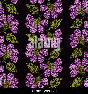 seamless vector pattern with vertical stripes of decorative pink flowers and green leaves on a dark background Stock Vector