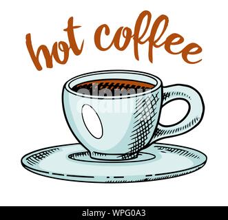 A cup of coffee. Morning cappuccino. Soft drink. Engraved in ink hand drawn in old sketch and vintage style for web, invitation.  Stock Vector