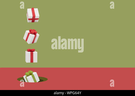 christmas gift boxes is flying on pink and green backdrop, Minimal style with copy space. Stock Photo