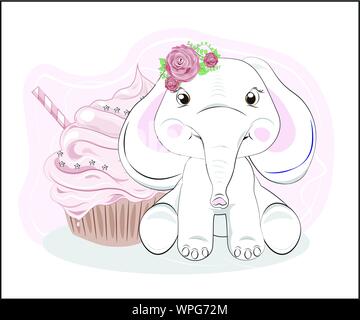 the lovely drawn baby elephant calf,with flower rose and cupcake , Happy birthday card Stock Vector