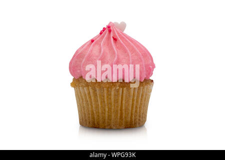 Pink strawberry cupcake isolated on white background. Stock Photo