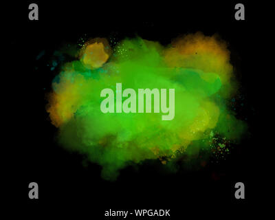 Watercolor splash with green and yellow colors on black background. Stock Photo