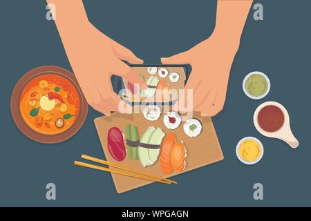 Hands take food photo by mobile phone Stock Vector